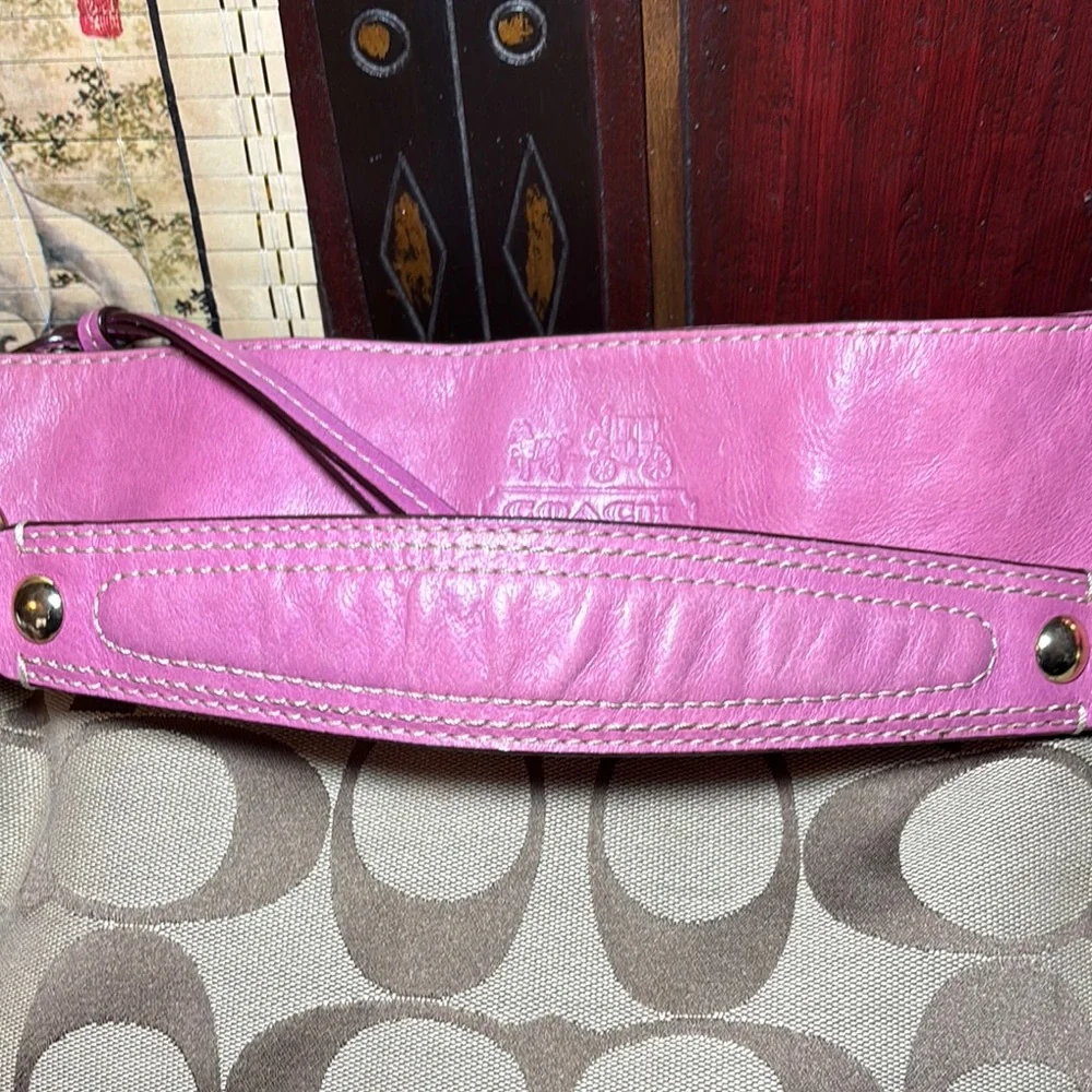 Coach Hobo Shoulder Bag Pink Leather Brown Monogram 12”Wx12”Hx5”W VGUC - Picture 7 of 17